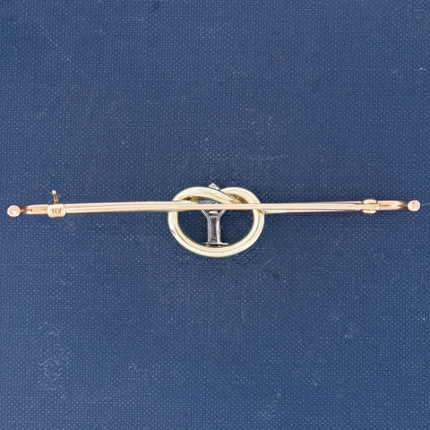 Vintage diamond and ruby lover's knot bar brooch in platinum and 14kt yellow and rose gold – alternate view 4