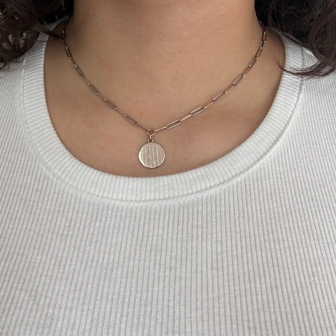 Vintage platinum and 14kt rose gold striped medallion paper clip necklace – alternate view 2