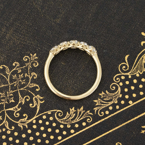 Side view of 1.05ctw Old Mine Cut Diamond 5-Stone Band, vintage-inspired band with Old Mine Cut Diamonds, crafted in yellow gold