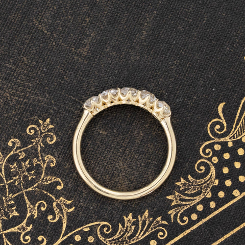 Side profile of 1.17ctw Old Mine Cut Diamond 5-Stone Band, vintage-inspired band with Old Mine Cut Diamonds, crafted in yellow gold