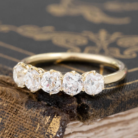 Antique lovers’ 1.17ctw Old Mine Cut Diamond 5-Stone Band in yellow gold, featuring rare Earth-mined Old Mine Cut Diamonds