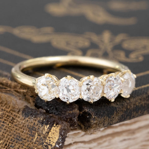 Historic style 1.17ctw Old Mine Cut Diamond 5-Stone Band wedding band with Old Mine Cut Diamonds, unique heirloom in yellow gold