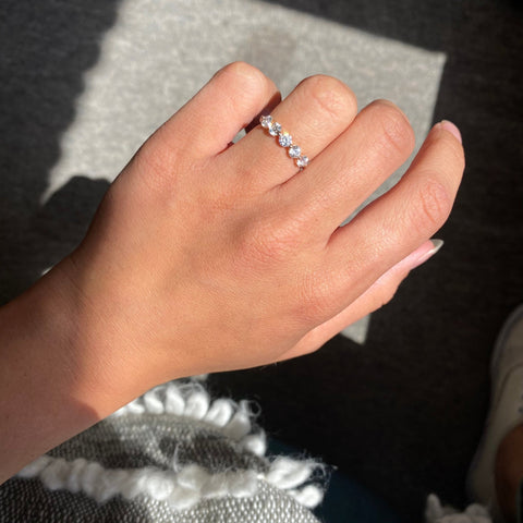 Elegant .82ctw Octagonal Cut 5-Stone Diamond Band, romantic design with Antique Diamonds, Earth-mined diamonds in rose gold shown on ring finger