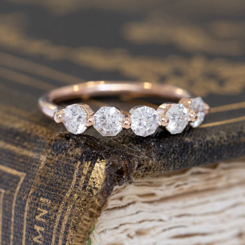 Historic style .82ctw Octagonal Cut 5-Stone Diamond Band wedding band with Antique Diamonds, unique heirloom in rose gold