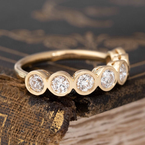 Historic style .90ctw Old European Cut Diamond Bezel 7-Stone Band wedding band with Old European Cut Diamonds, unique heirloom in yellow gold