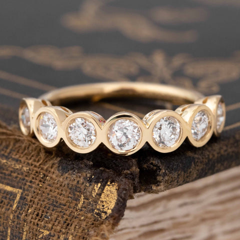 .90ctw Old European Cut Diamond Bezel 7-Stone Band with Old European Cut Diamonds in yellow gold, antique-inspired one-of-a-kind wedding band