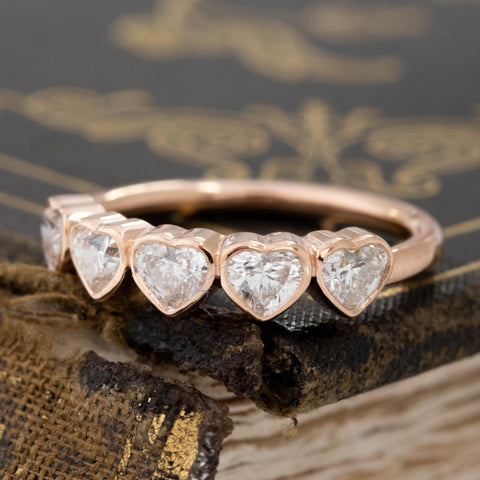 Antique lovers’ .92ctw Heart Cut Diamond 5-Stone Bezel Band in rose gold, featuring rare Earth-mined Antique Diamonds
