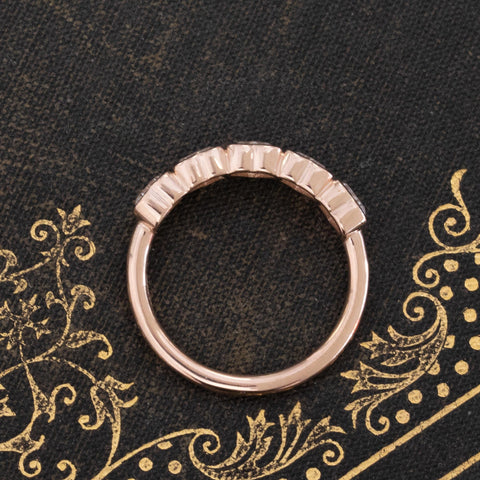 Side view of .92ctw Heart Cut Diamond 5-Stone Bezel Band, natural Earth-mined Antique Diamonds in rose gold