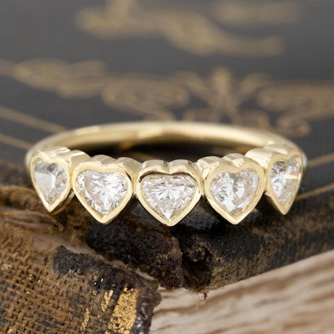 .93ctw Heart Cut Diamond 5-Stone Bezel Band with Antique Diamonds in yellow gold, antique-inspired one-of-a-kind wedding band