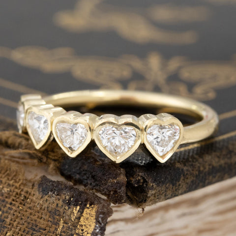 Antique lovers’ .93ctw Heart Cut Diamond 5-Stone Bezel Band in yellow gold, featuring rare Earth-mined Antique Diamonds