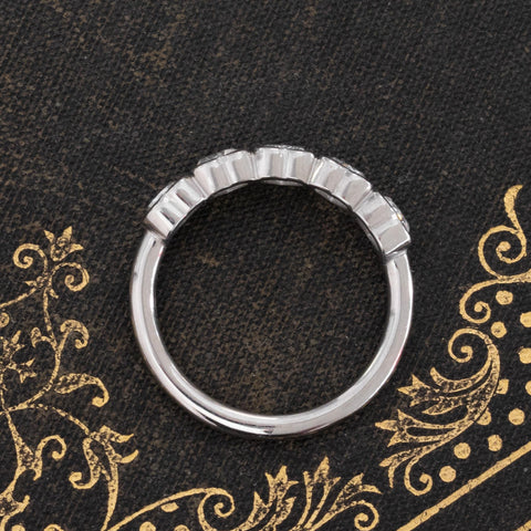 Side view of .93ctw Heart Cut Diamond 5-Stone Bezel Band, natural Earth-mined Antique Diamonds in platinum