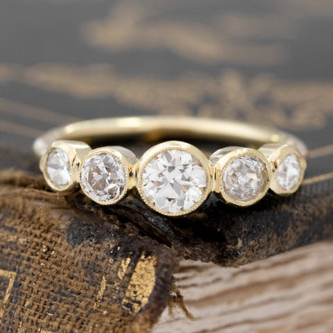 .93ctw Old European Cut Diamond Graduated 5-Stone Band with Old Mine Cut Diamonds in yellow gold, antique-inspired one-of-a-kind wedding band