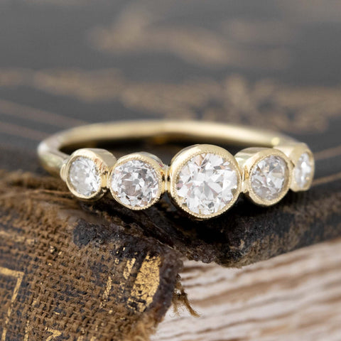 Historic style .93ctw Old European Cut Diamond Graduated 5-Stone Band wedding band with Old Mine Cut Diamonds, unique heirloom in yellow gold