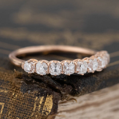 Historic style .93ctw Petite Old Mine Cut Diamond Half-Hoop 9-stone Band wedding band with Old Mine Cut Diamonds, unique heirloom in rose gold
