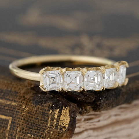 Historic style .94ctw Asscher Cut Diamond 5-Stone Band wedding band with Antique Diamonds, unique heirloom in yellow gold