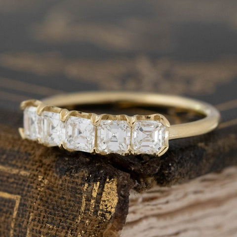Antique lovers’ .94ctw Asscher Cut Diamond 5-Stone Band in yellow gold, featuring rare Earth-mined Antique Diamonds