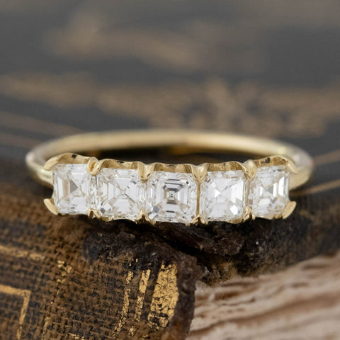 .94ctw Asscher Cut Diamond 5-Stone Band with Antique Diamonds in yellow gold, antique-inspired one-of-a-kind wedding band