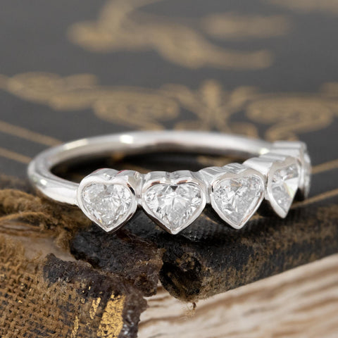 Historic style .96ctw Heart Cut Diamond 5-Stone Bezel Band wedding band with Antique Diamonds, unique heirloom in platinum