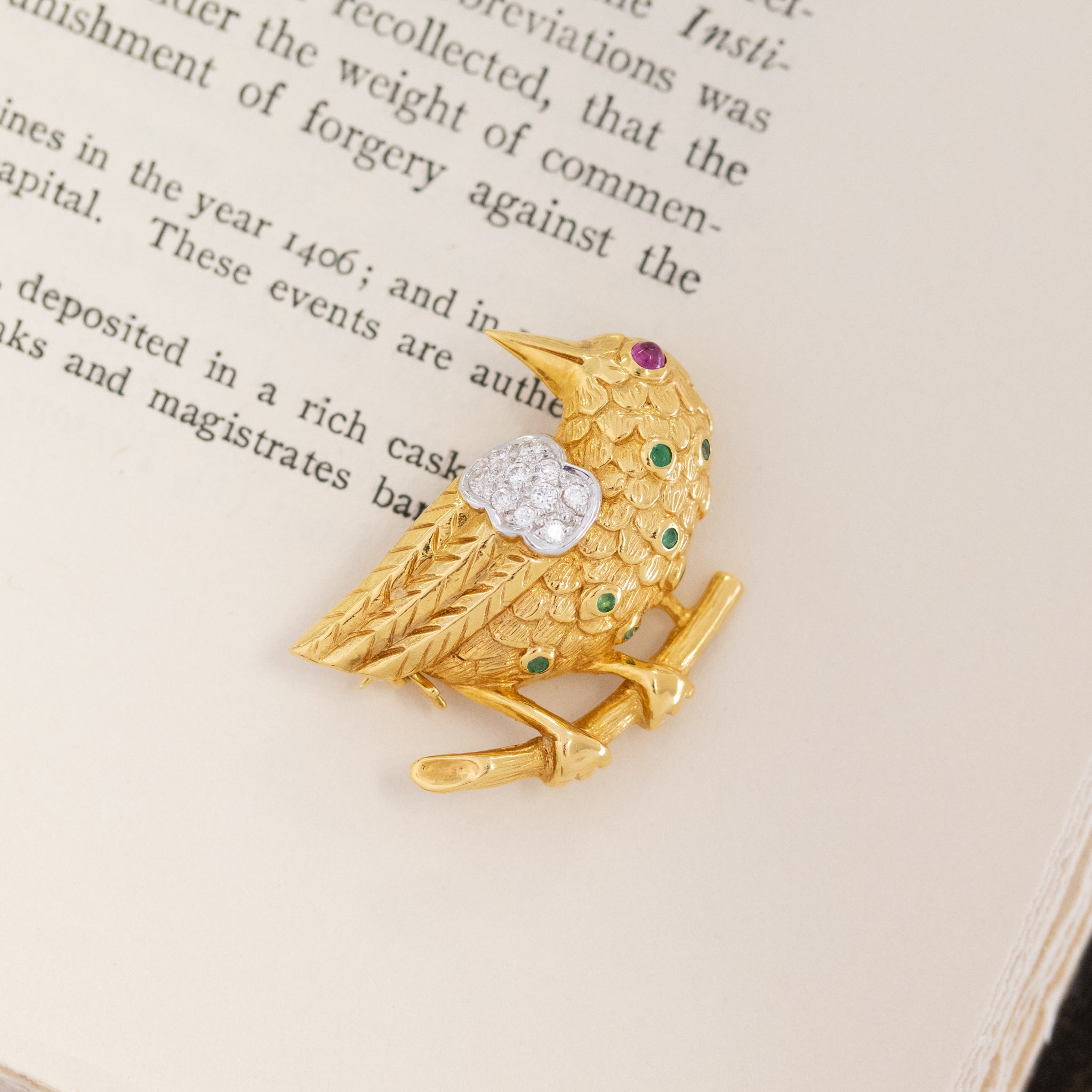 .44ctw Diamond, Emerald & Ruby Bird Brooch